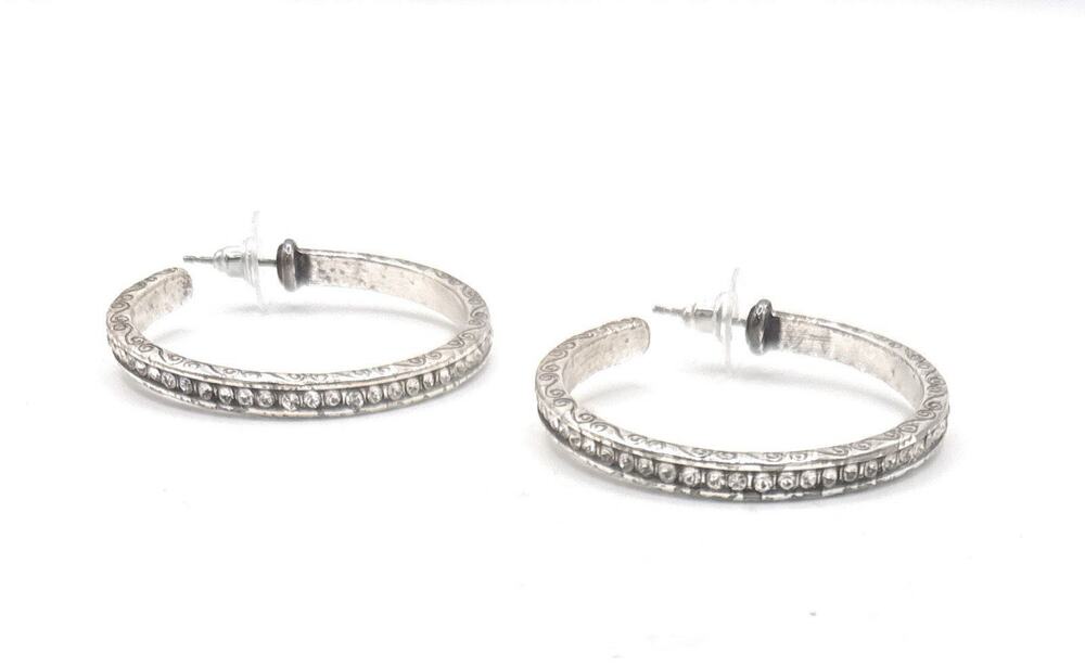 Brighton Secret of Love Hoop Earrings Silver Tone Rhinestone Swirl Pattern